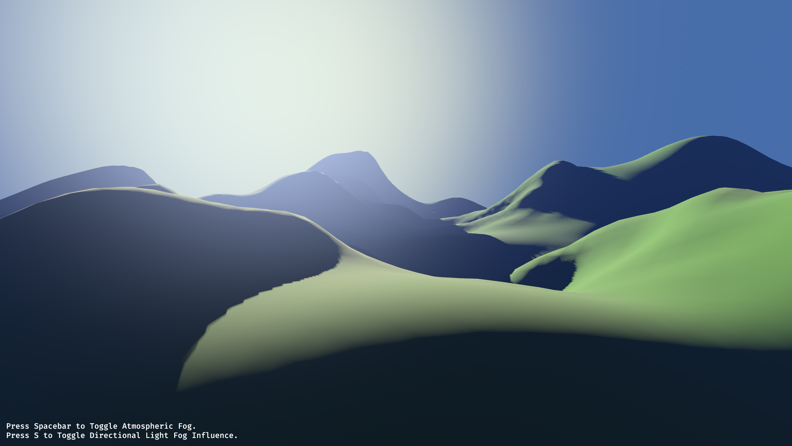 The new atmospheric_fog example showcases a terrain with atmospheric fog and directional light influence.